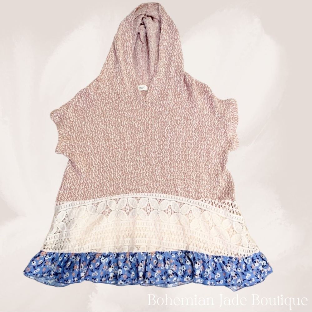 ODDY Floral & Lace Short Sleeve Hoodie Sweater